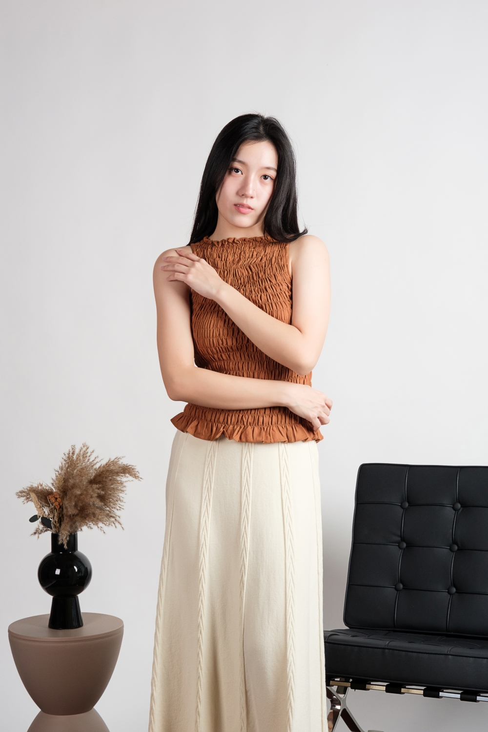 High Neck Linen Scrunch Top - Burnt Orange