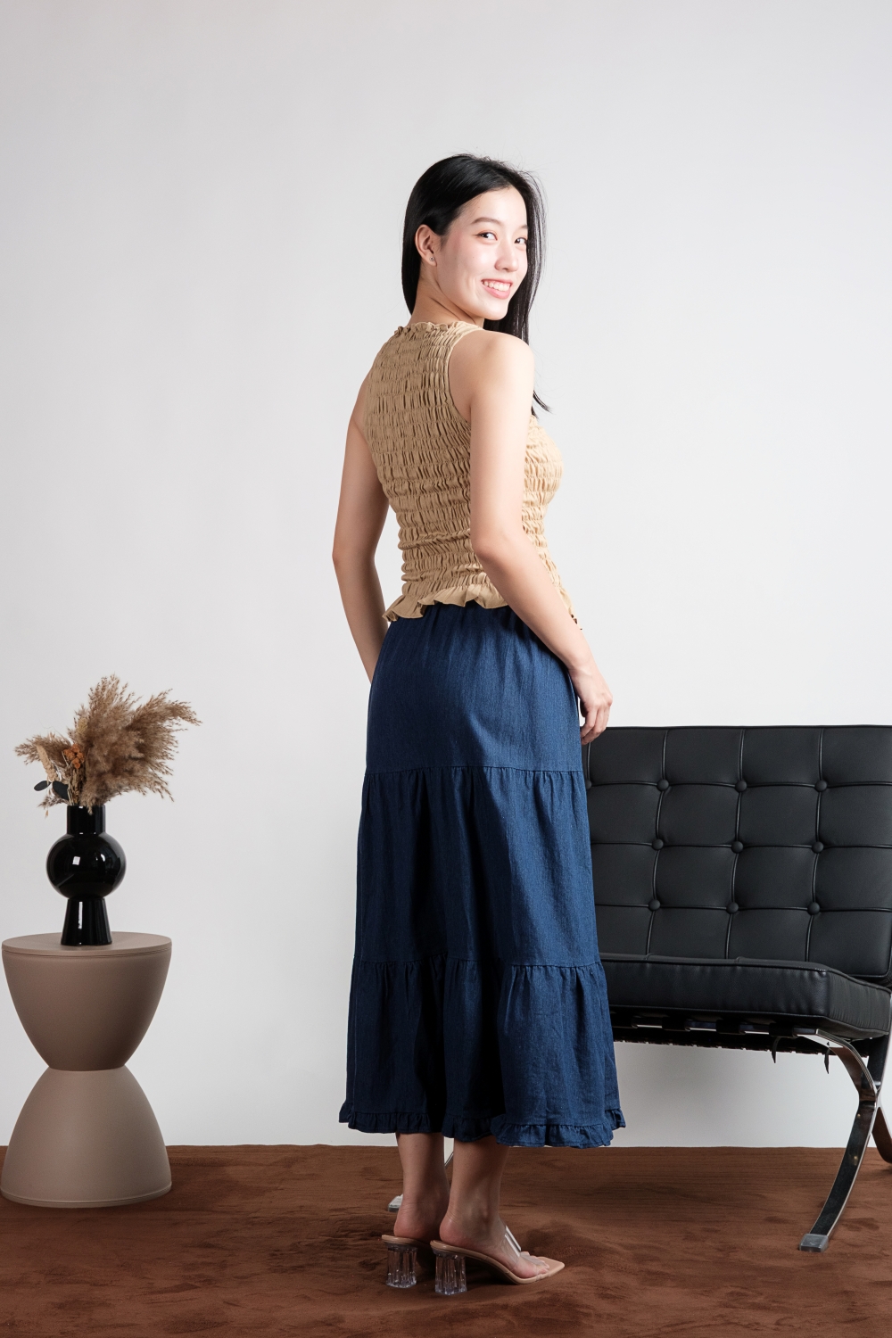 High Neck Linen Scrunch Top - Khaki - Image 2