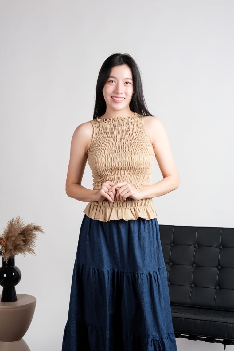 High Neck Linen Scrunch Top - Khaki