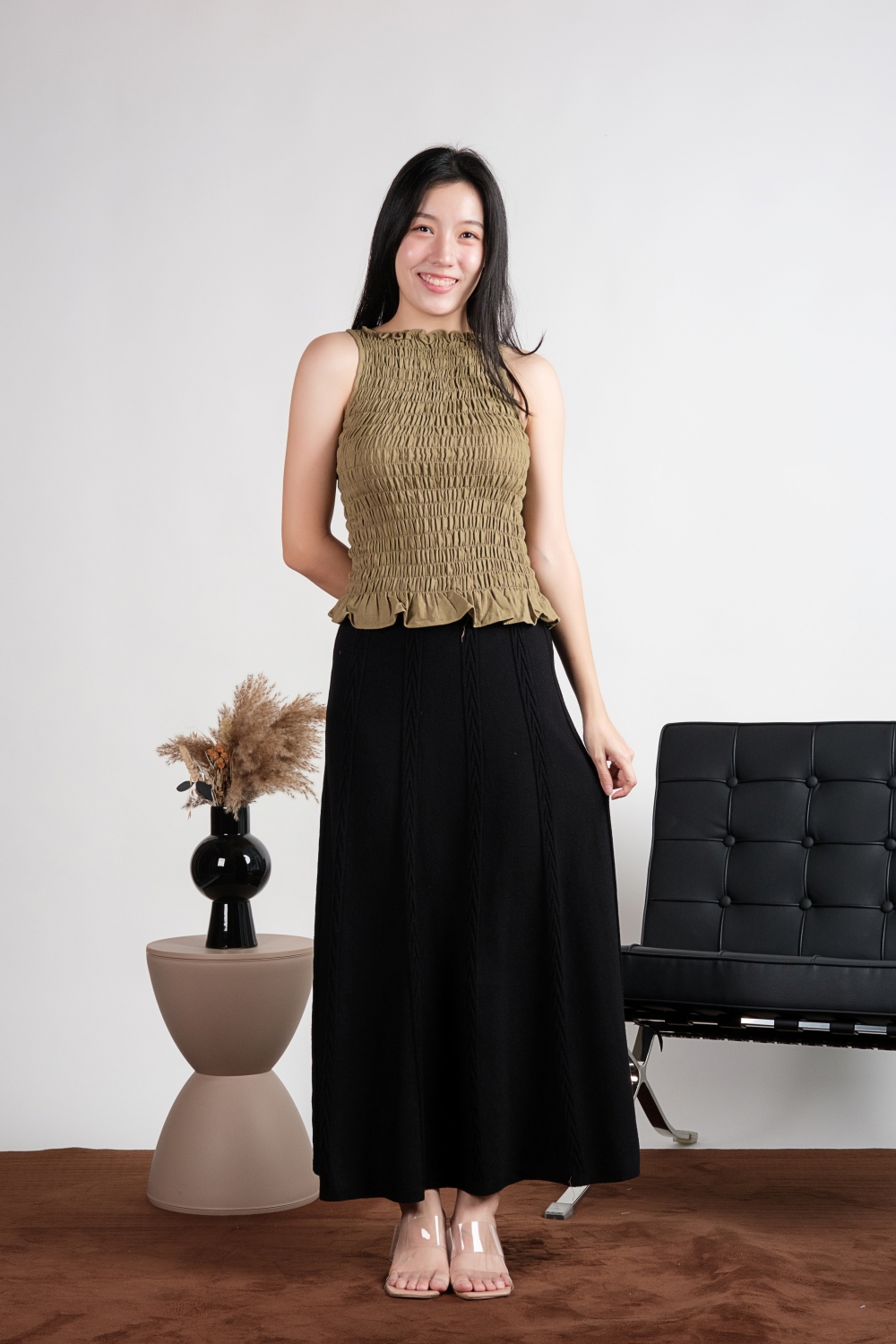 High Neck Linen Scrunch Top - Olive - Image 3