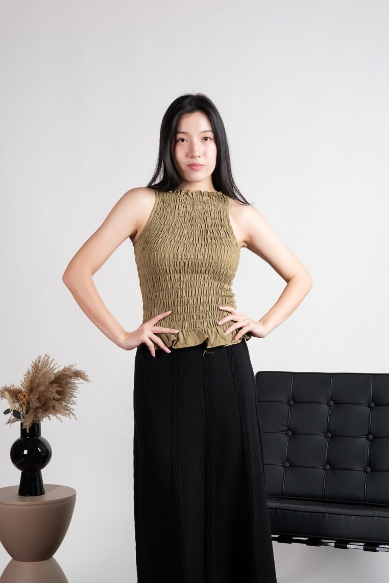 High Neck Linen Scrunch Top - Olive - Image 11