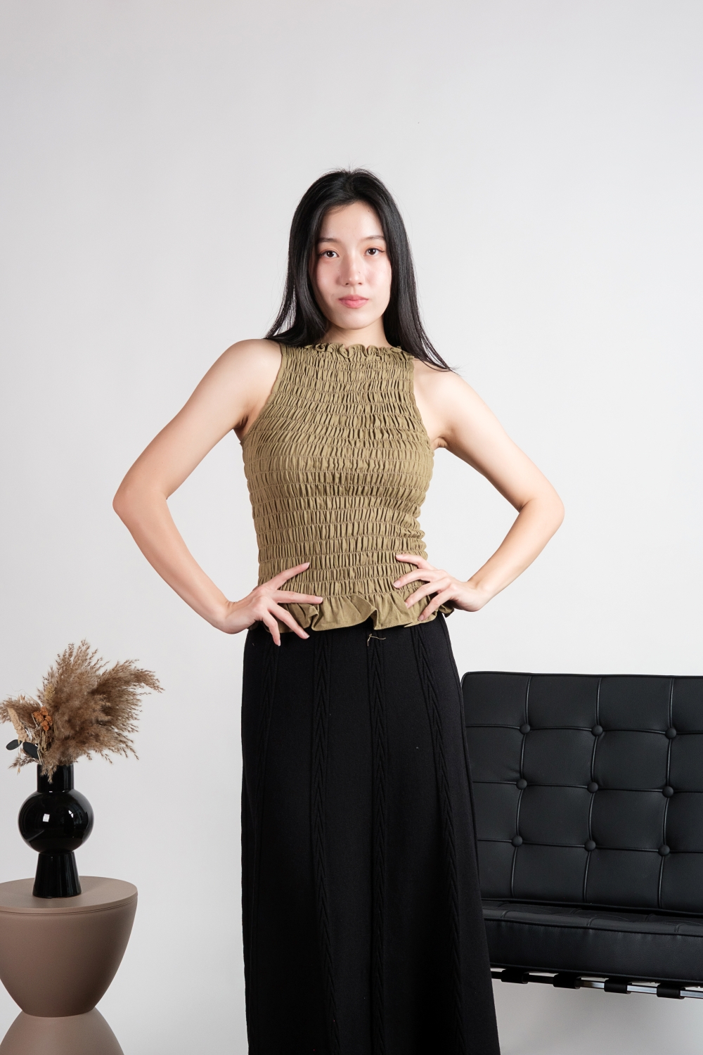 High Neck Linen Scrunch Top - Olive - Image 11