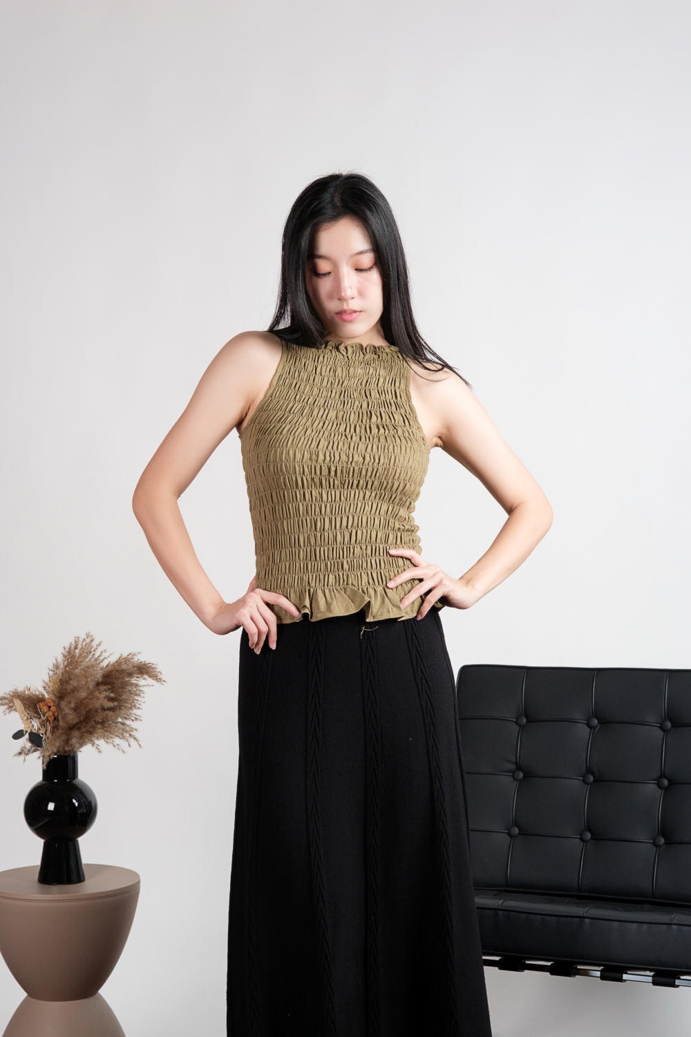 High Neck Linen Scrunch Top - Olive