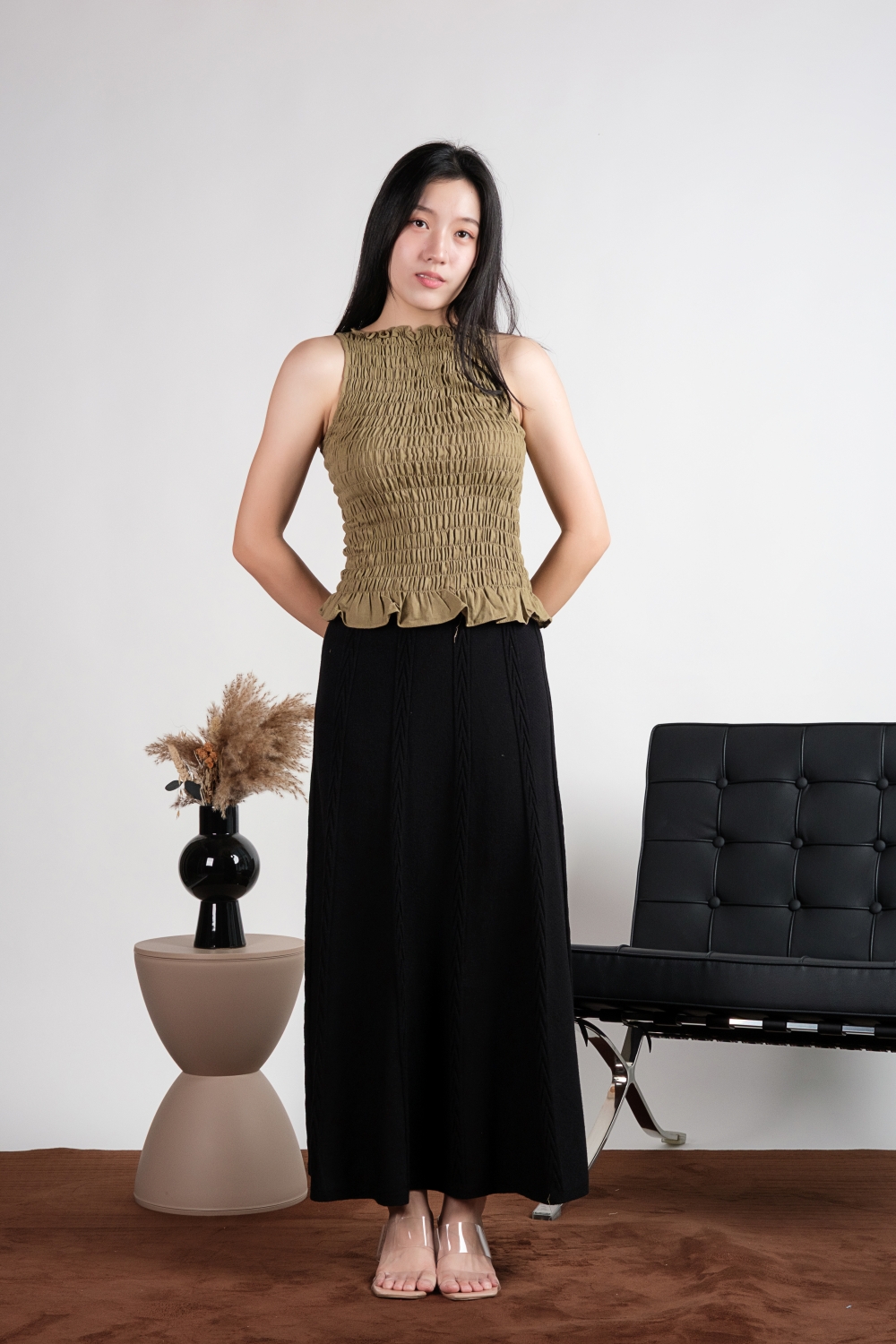 High Neck Linen Scrunch Top - Olive - Image 4