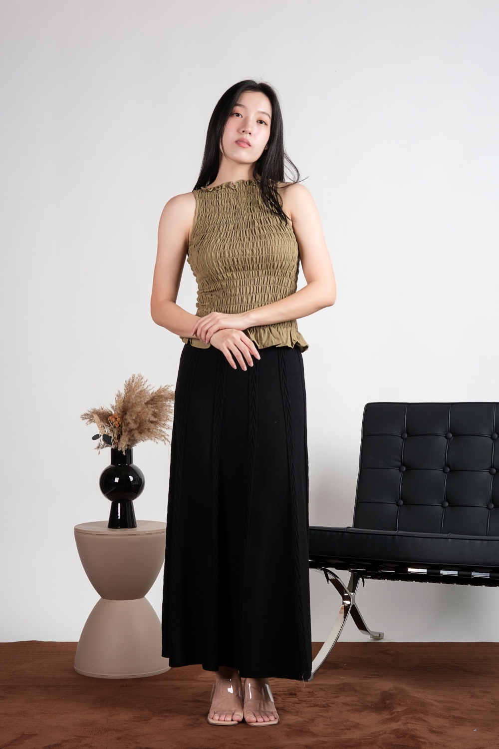 High Neck Linen Scrunch Top - Olive - Image 5