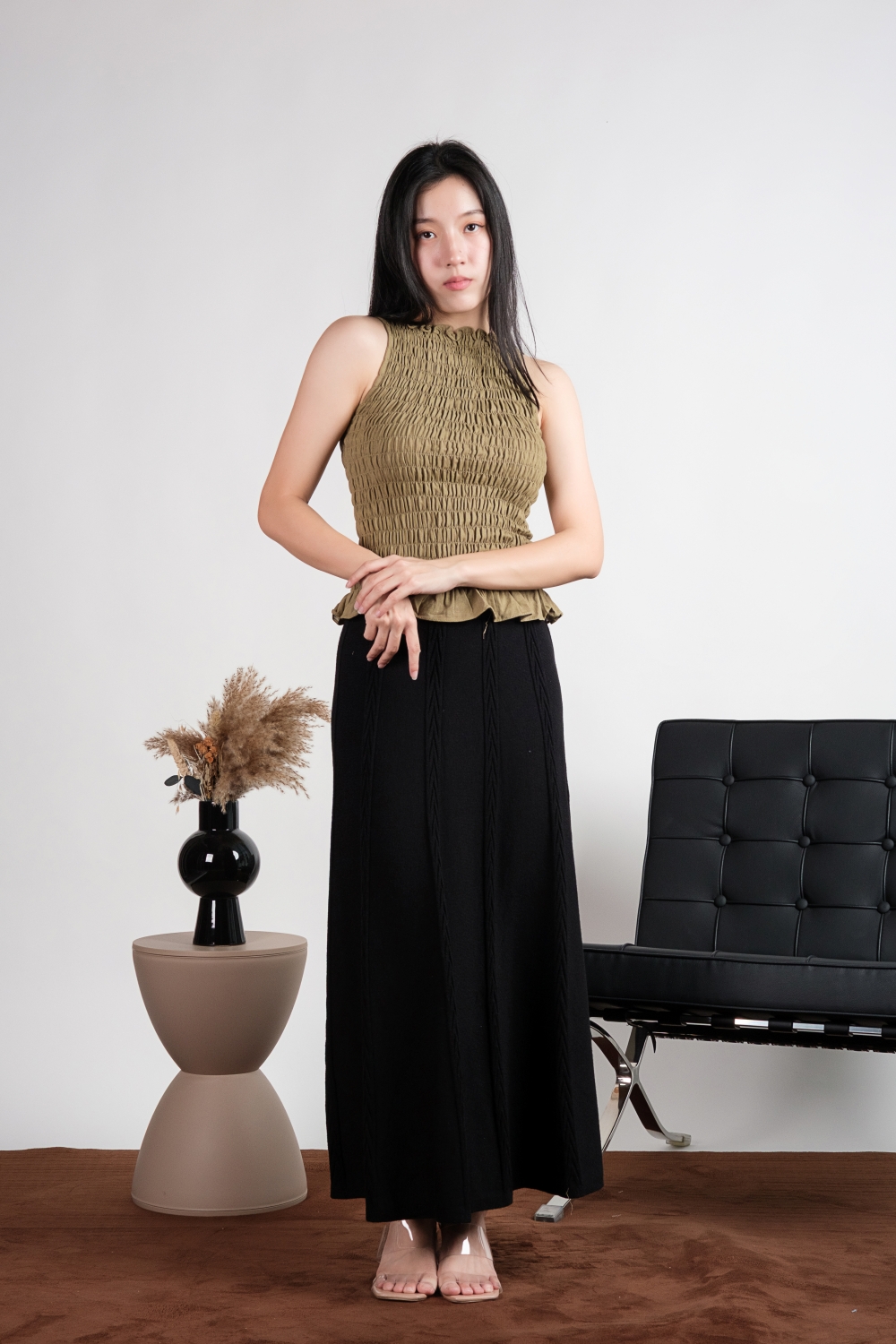 High Neck Linen Scrunch Top - Olive - Image 6
