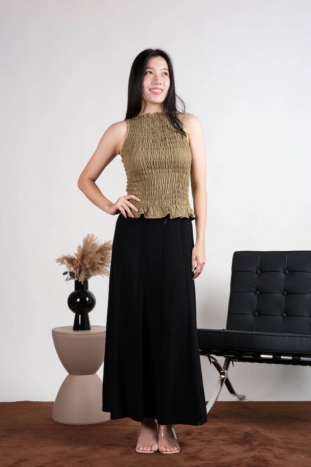 High Neck Linen Scrunch Top - Olive - Image 7