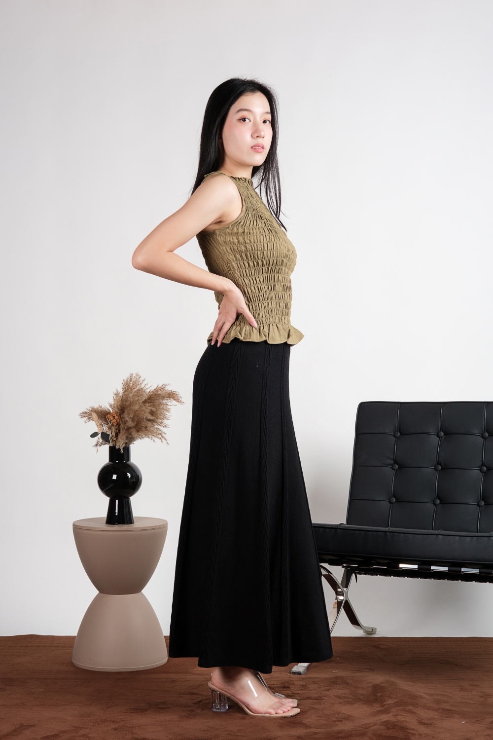 High Neck Linen Scrunch Top - Olive - Image 8