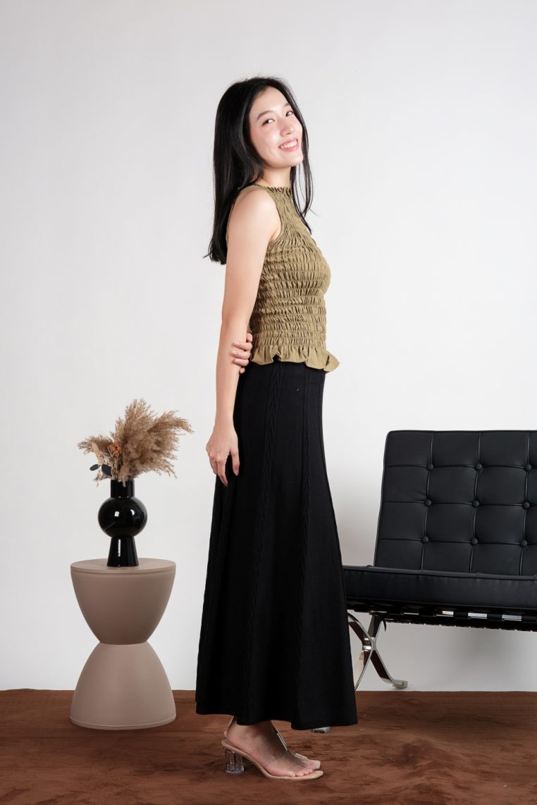 High Neck Linen Scrunch Top - Olive - Image 9