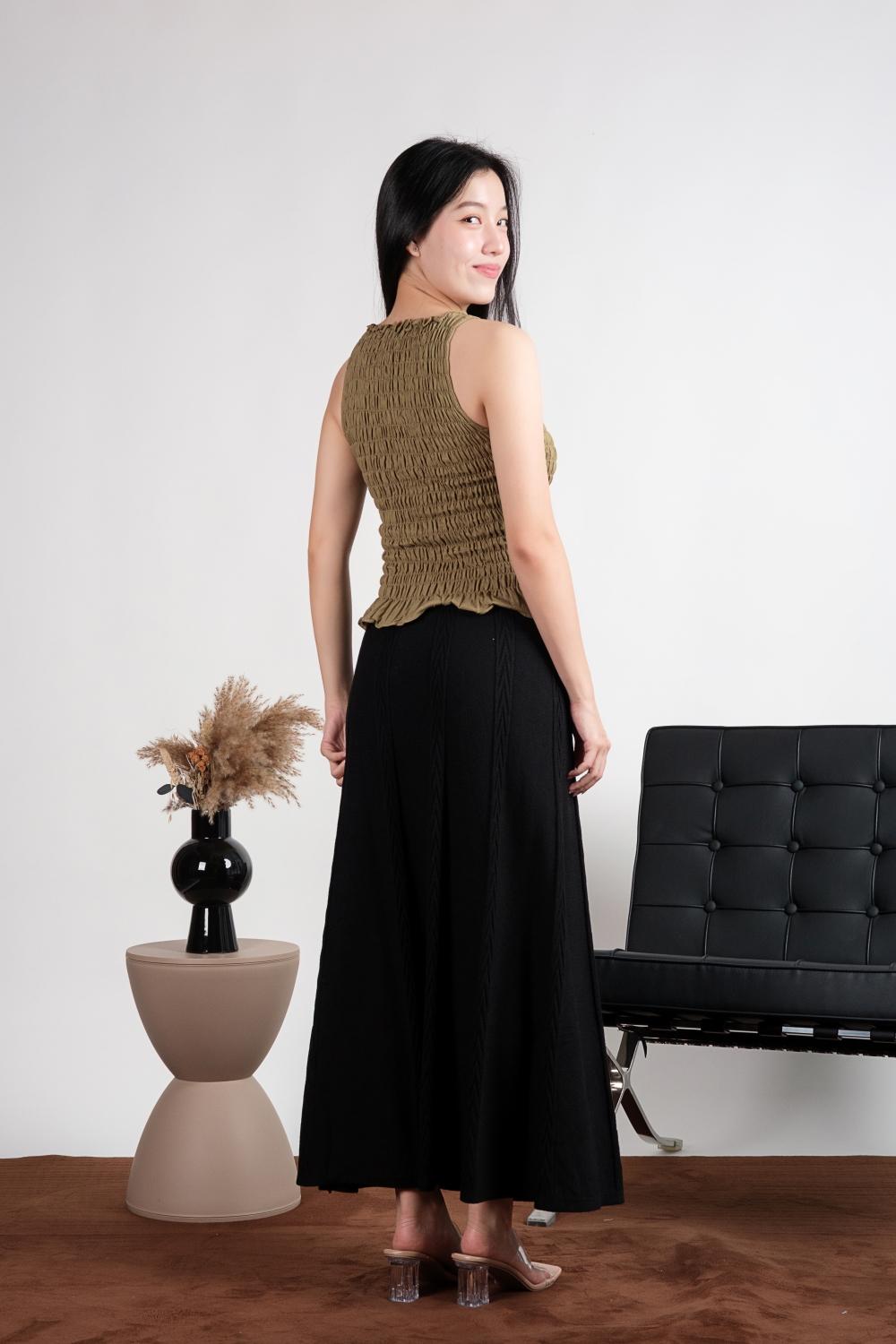 High Neck Linen Scrunch Top - Olive - Image 2