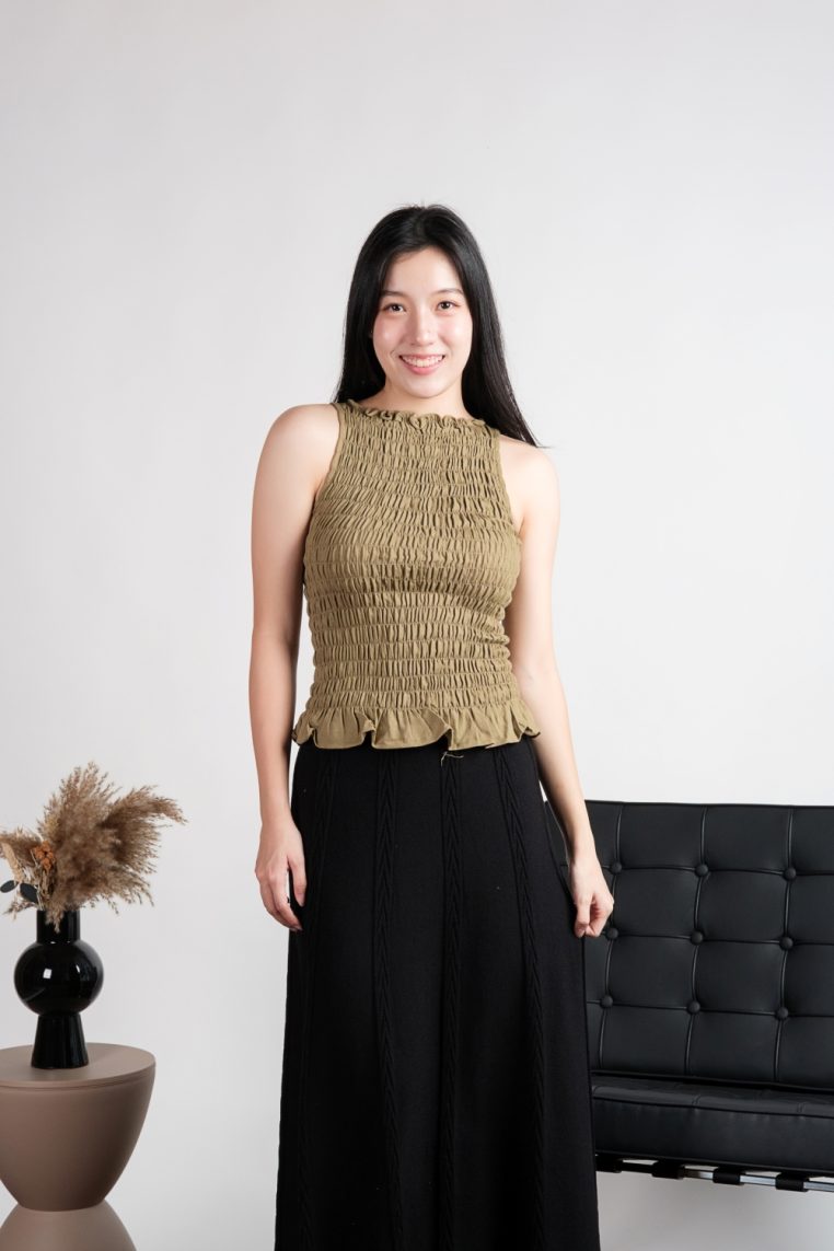 High Neck Linen Scrunch Top - Olive - Image 10