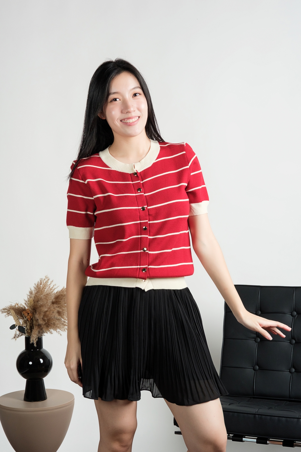 Striped Knit Cardigan Top - Dark Red - Image 10
