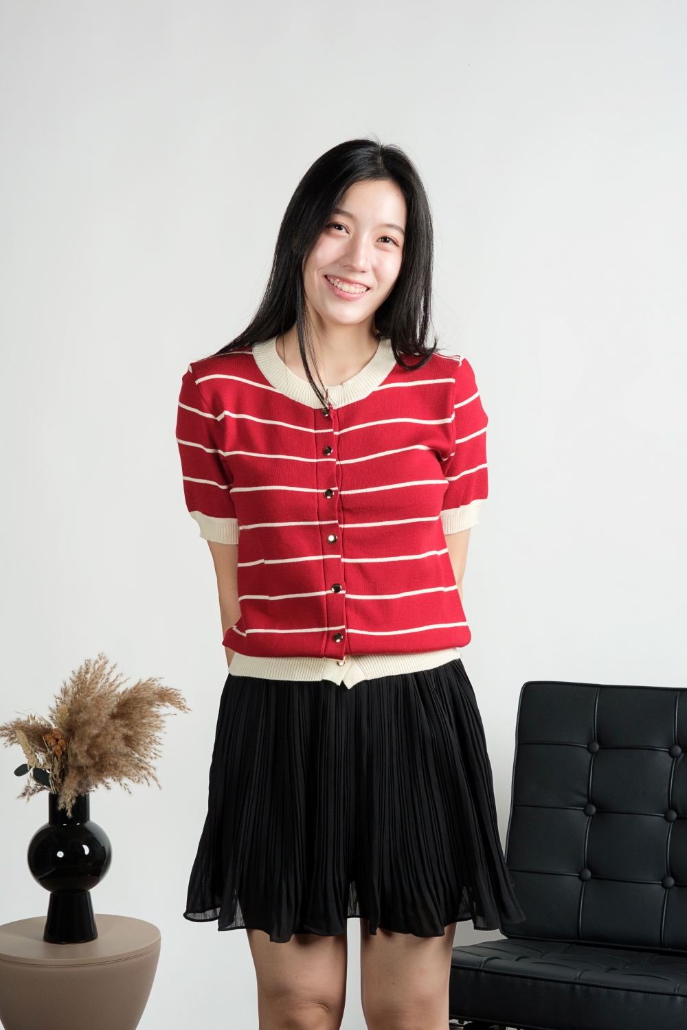 Striped Knit Cardigan Top - Dark Red - Image 11