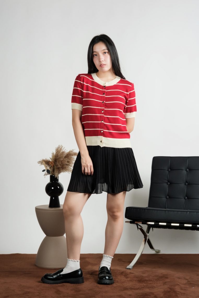 Striped Knit Cardigan Top - Dark Red