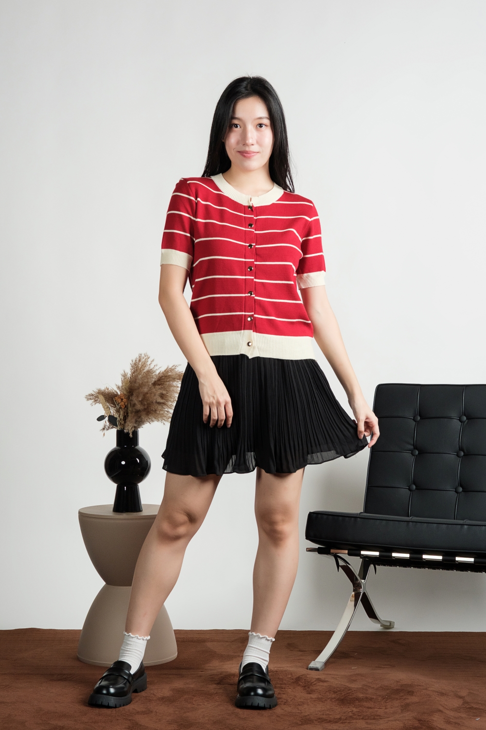 Striped Knit Cardigan Top - Dark Red - Image 5