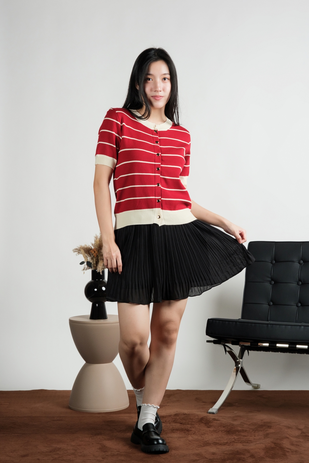 Striped Knit Cardigan Top - Dark Red - Image 6