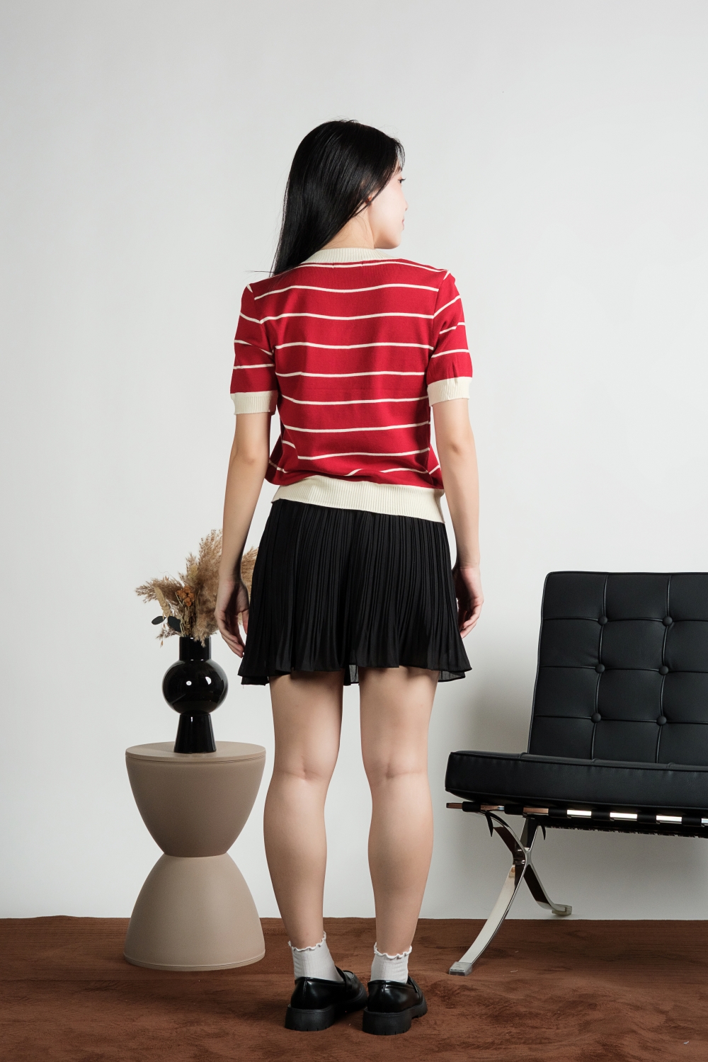 Striped Knit Cardigan Top - Dark Red - Image 9