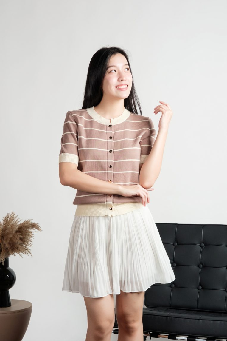 Striped Knit Cardigan Top - Taupe