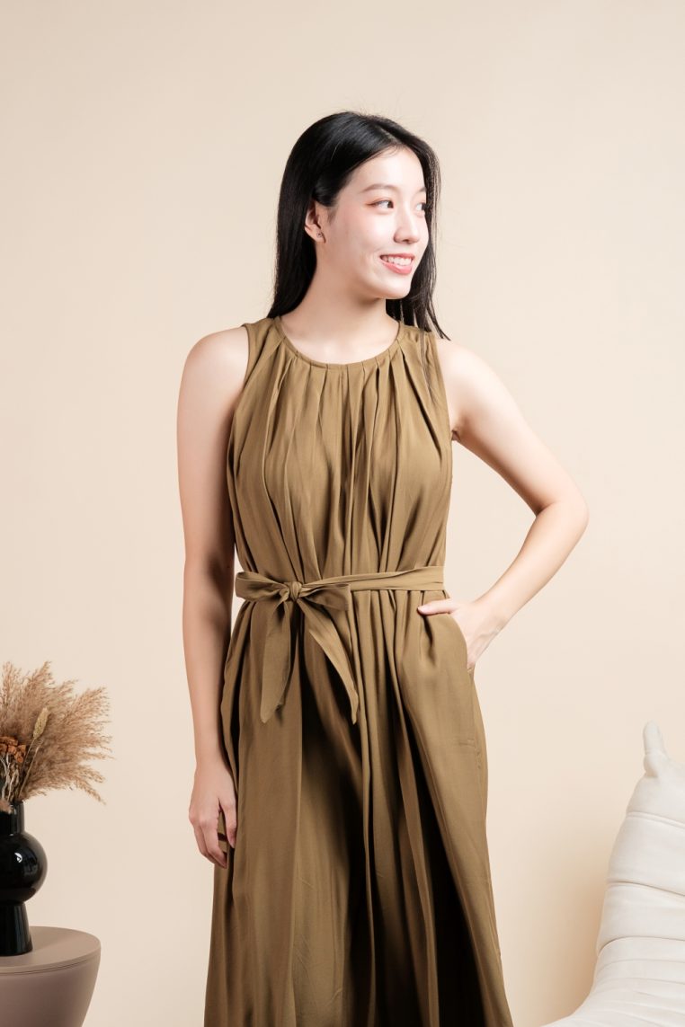 Alternative view of Oversized Cotton Pleated Maxi Dress with Belt - Brown