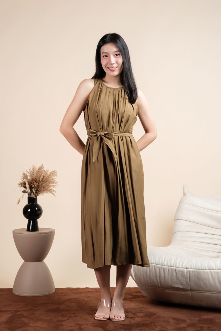 Oversized Cotton Pleated Maxi Dress with Belt - Brown - Image 5