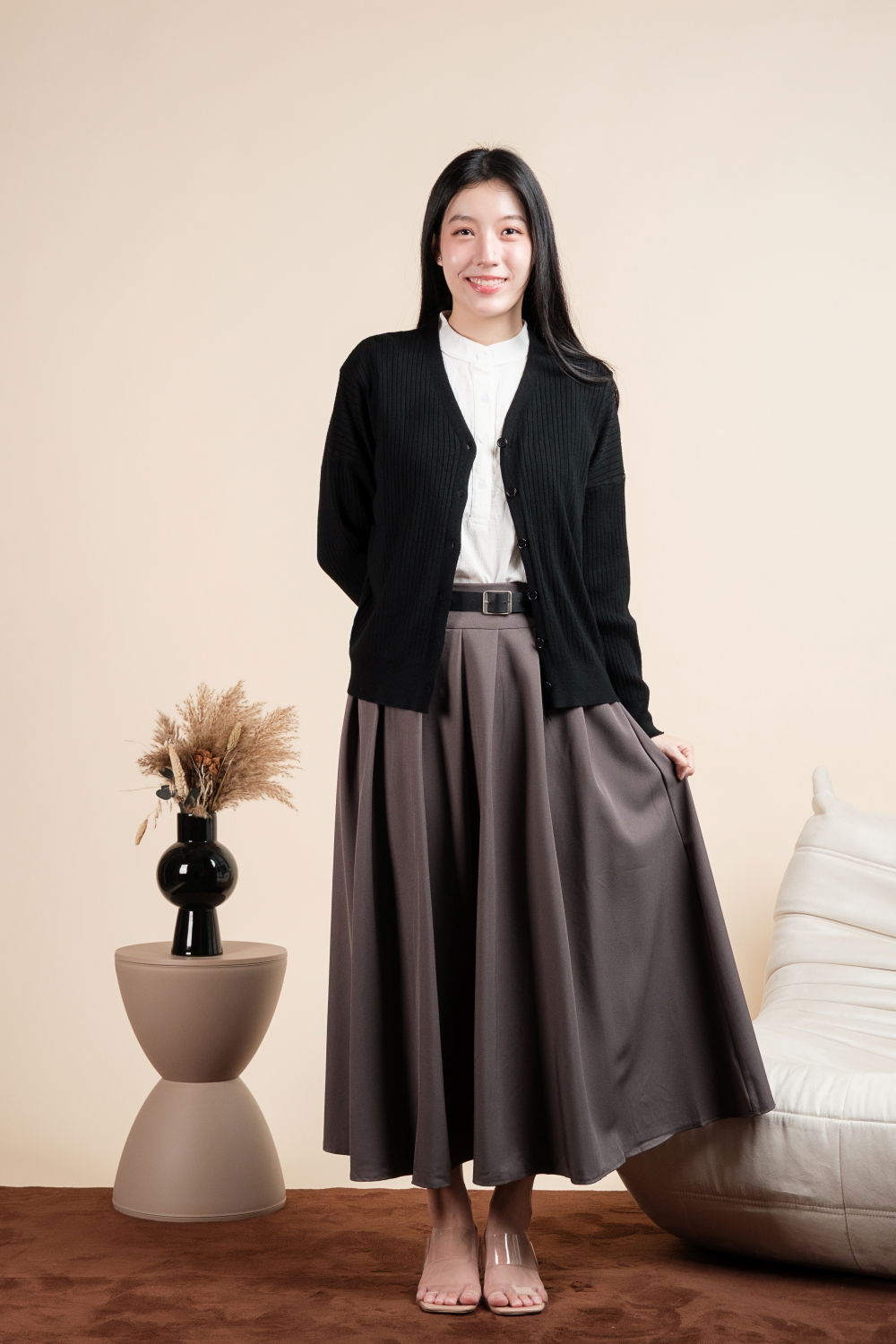 Basic Ribbed Knit Cardigan - Black - Image 2