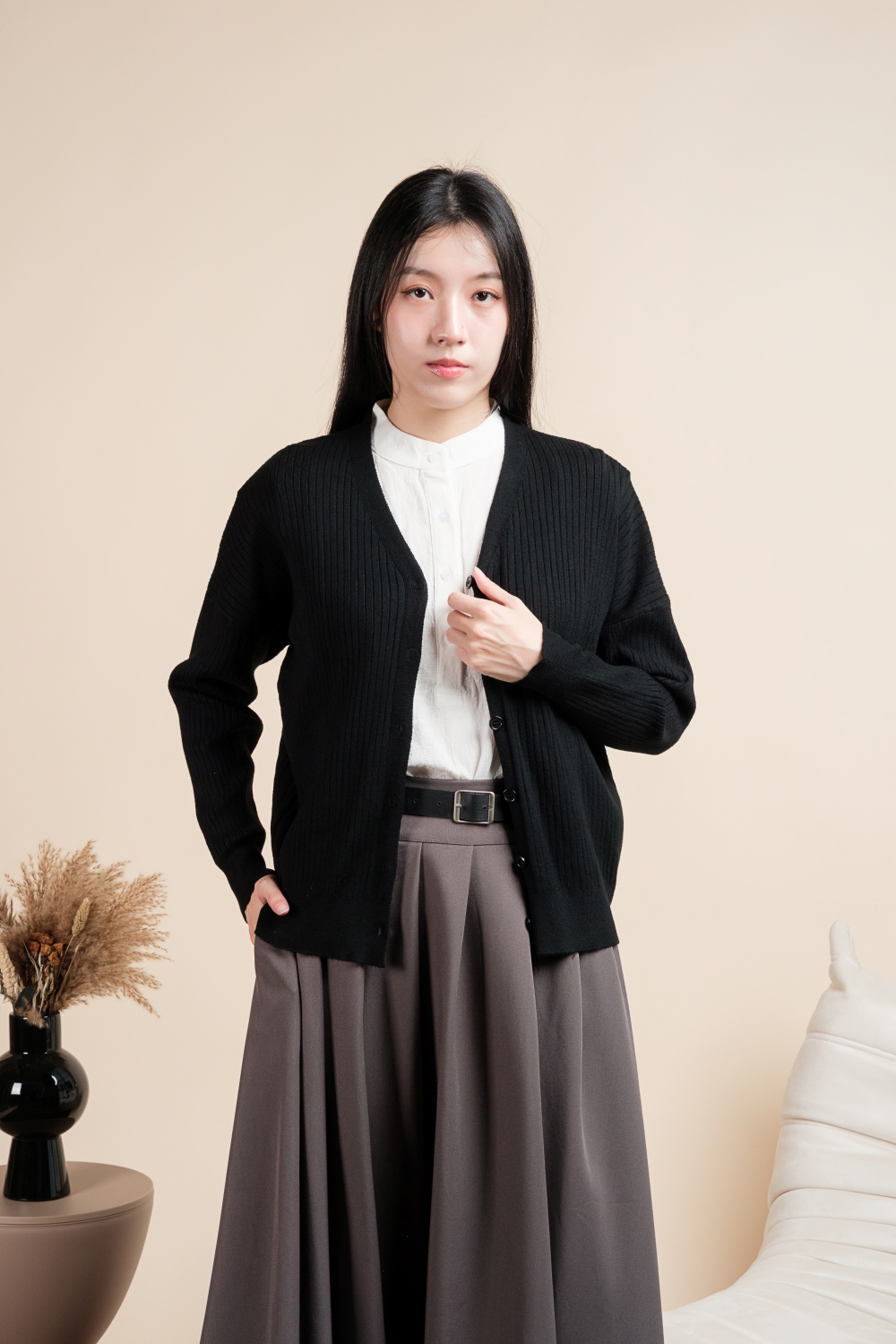 Basic Ribbed Knit Cardigan - Black