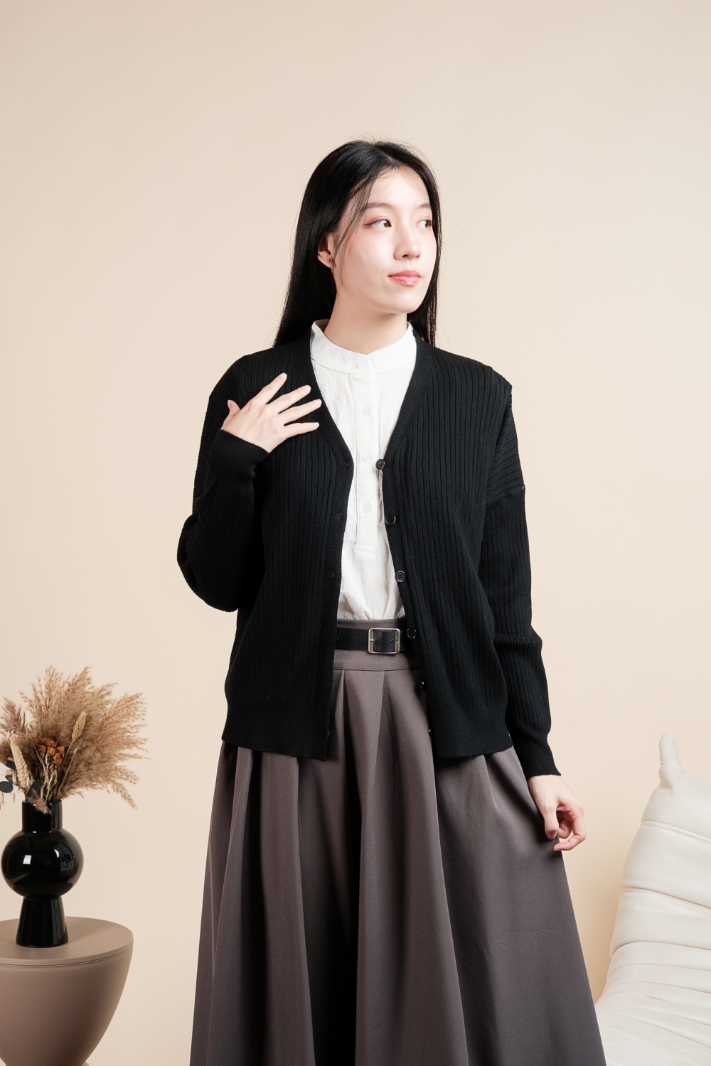 Basic Ribbed Knit Cardigan - Black - Image 10
