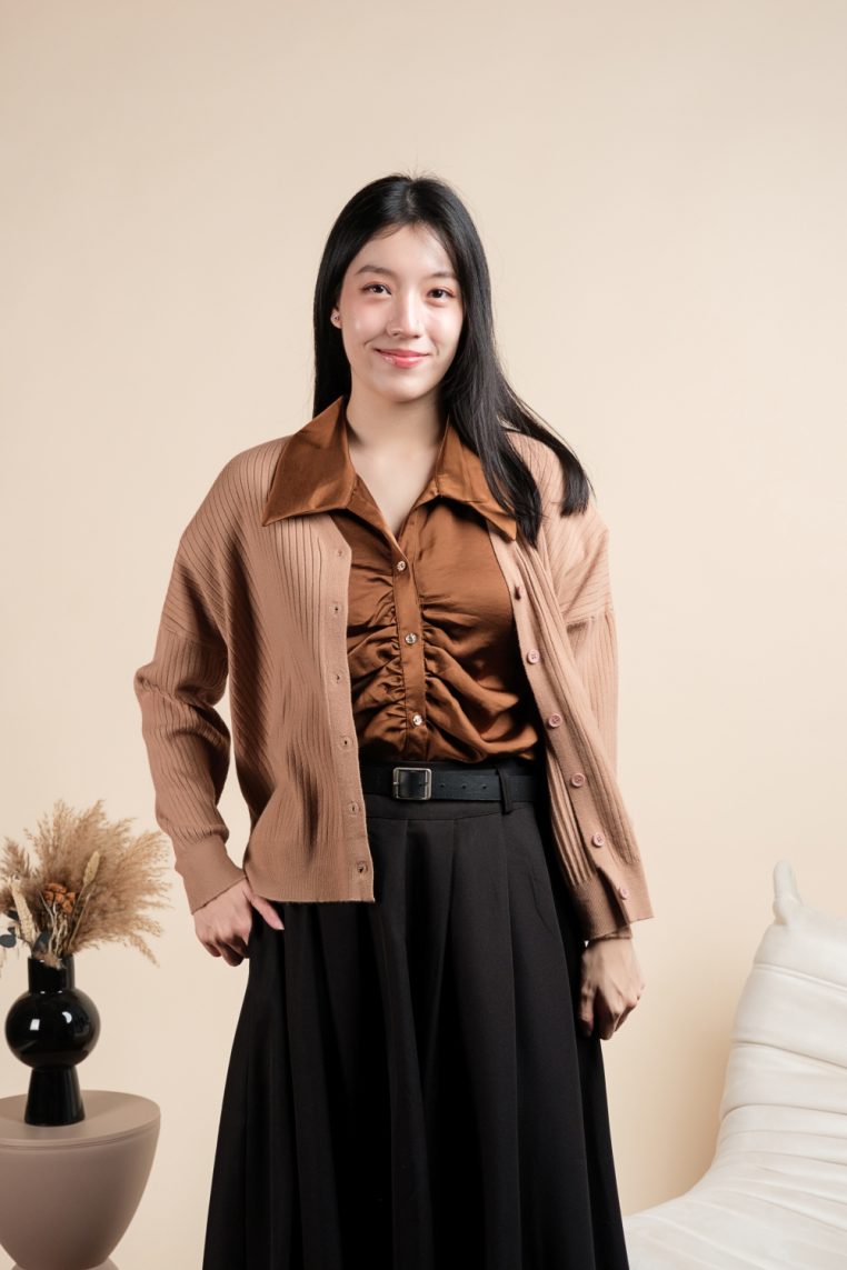 Basic Ribbed Knit Cardigan - Brown