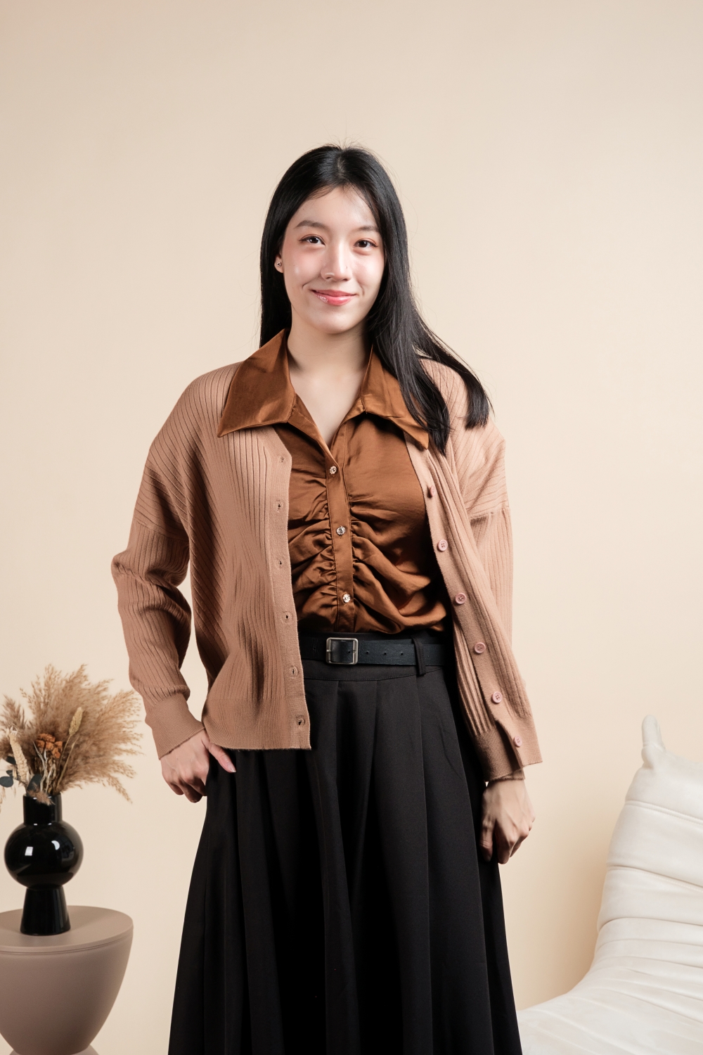 Basic Ribbed Knit Cardigan - Brown