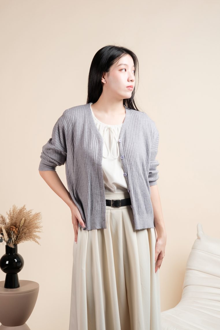 Basic Ribbed Knit Cardigan - Grey - Image 12