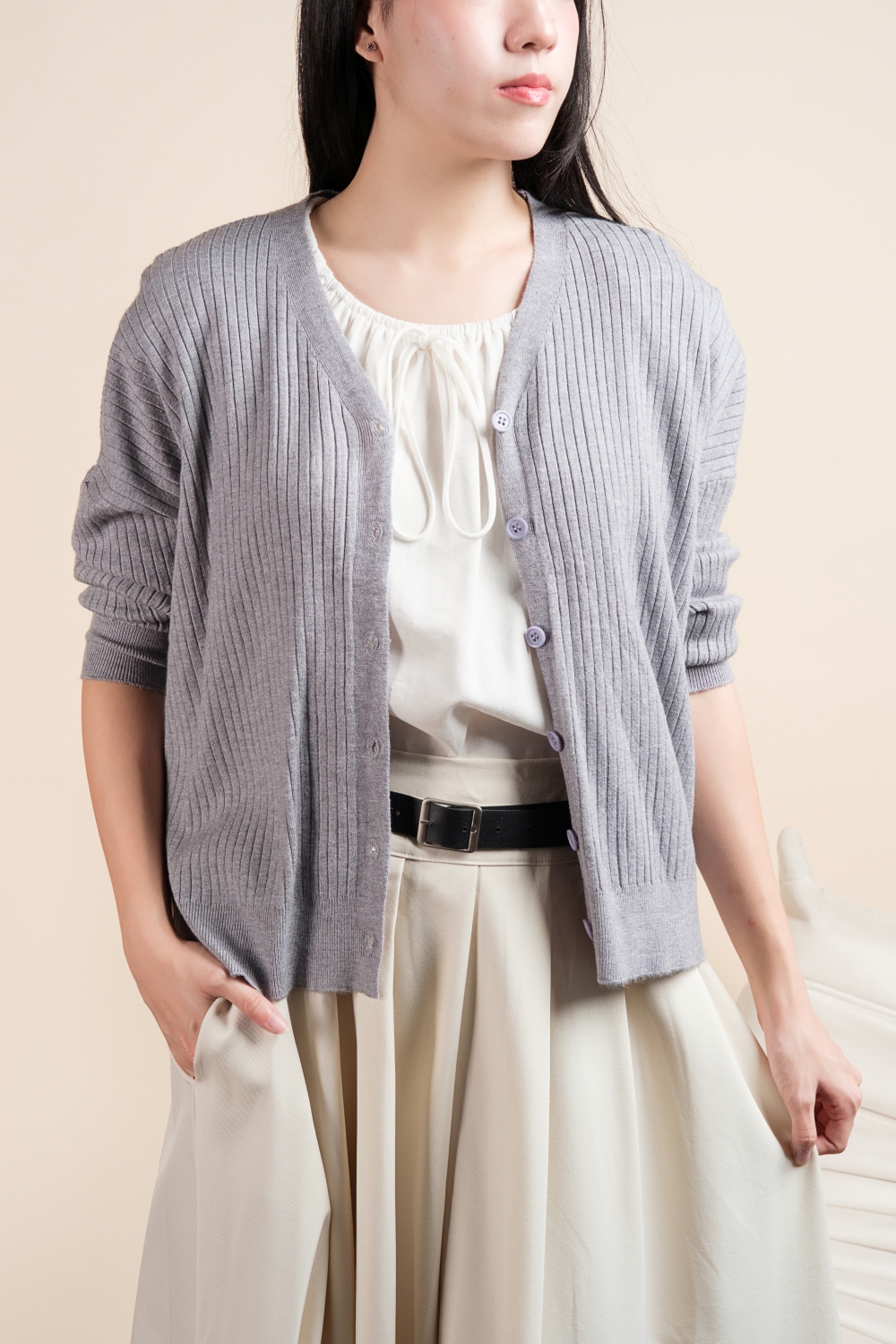 Basic Ribbed Knit Cardigan - Grey