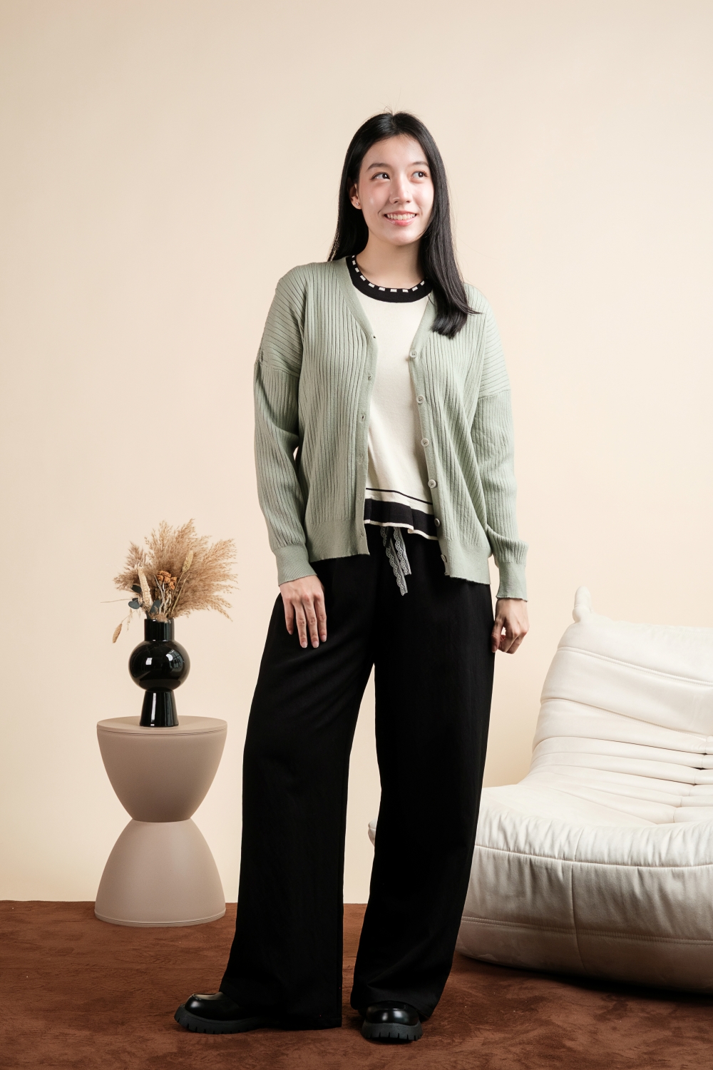 Basic Ribbed Knit Cardigan - Sage - Image 2