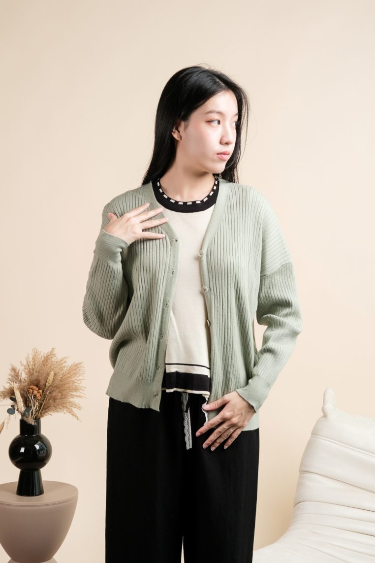 Basic Ribbed Knit Cardigan - Sage - Image 11