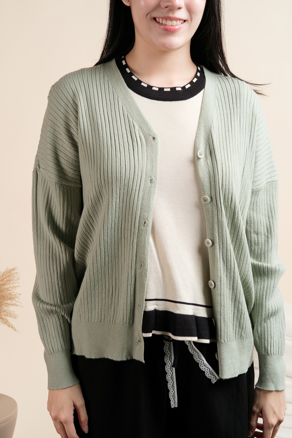 Basic Ribbed Knit Cardigan - Sage - Image 12
