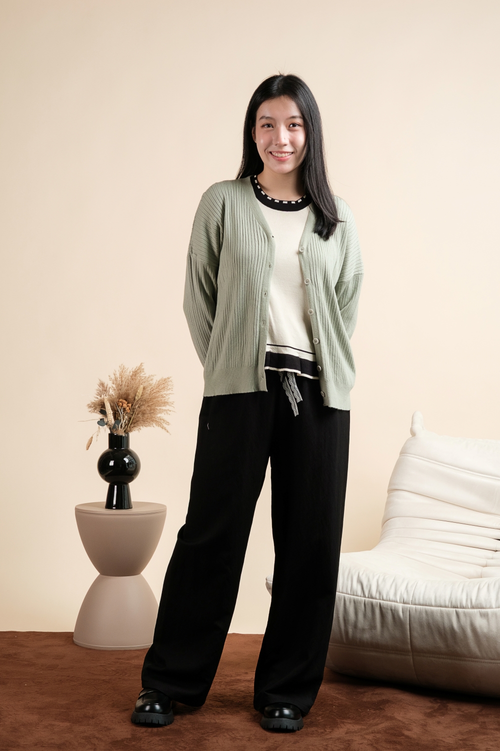 Basic Ribbed Knit Cardigan - Sage - Image 3