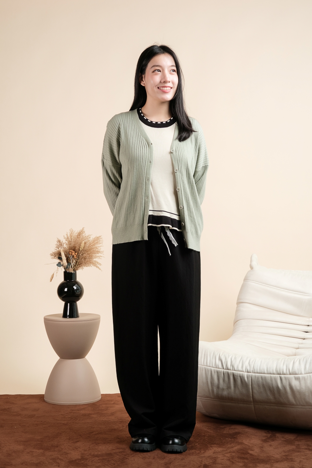 Basic Ribbed Knit Cardigan - Sage - Image 5