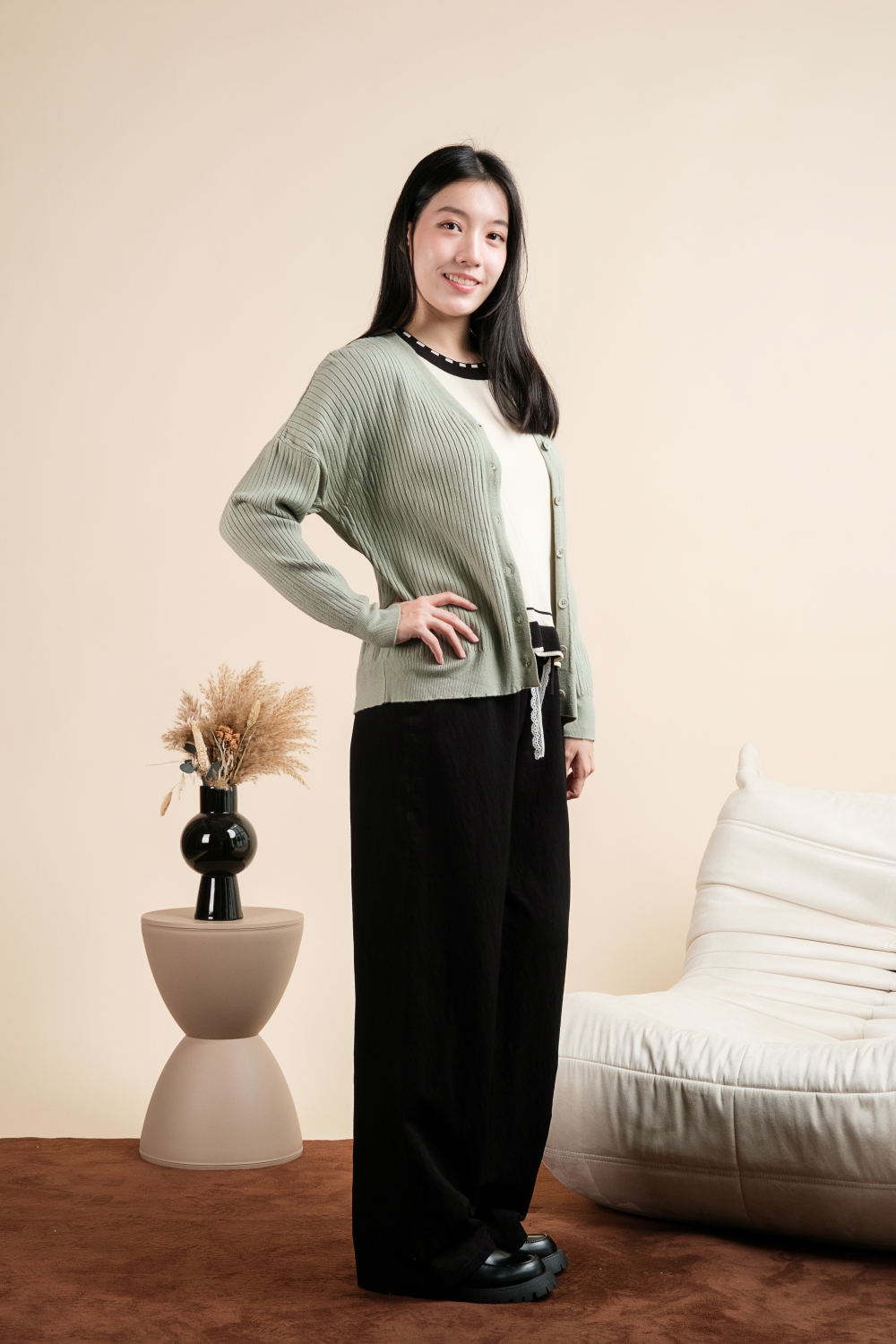 Basic Ribbed Knit Cardigan - Sage - Image 7