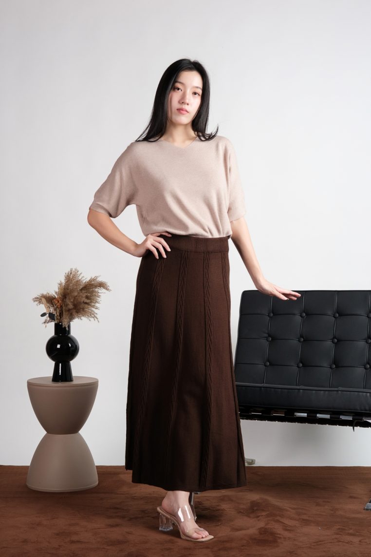 Cable Knit Maxi Skirt - Brown