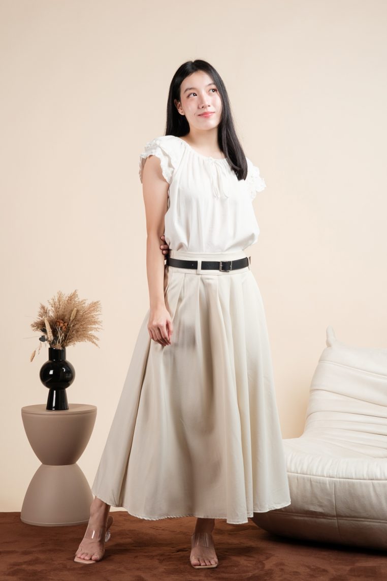 Pleated Pocket Flare Skirt with Belt - Beige