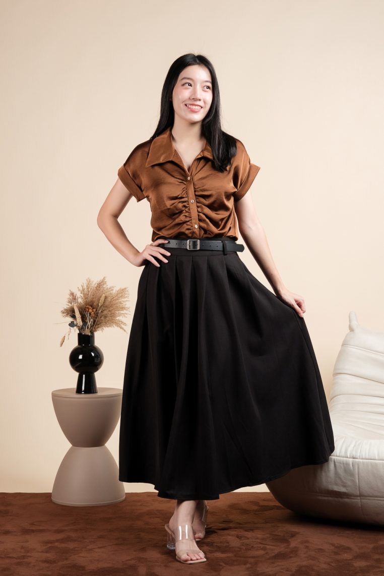 Pleated Pocket Flare Skirt with Belt - Black - Image 5
