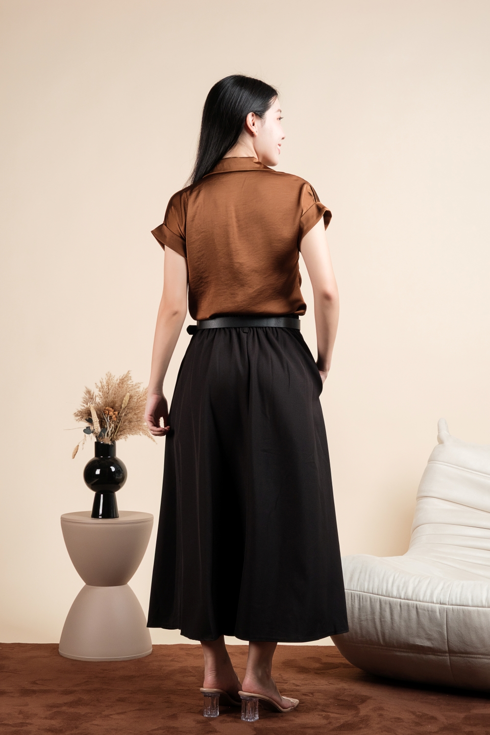 Pleated Pocket Flare Skirt with Belt - Black - Image 7