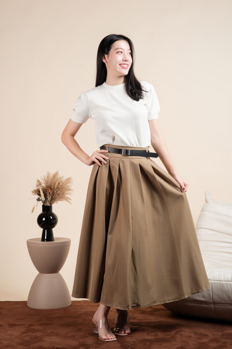 Pleated Pocket Flare Skirt with Belt - Khaki - Image 4