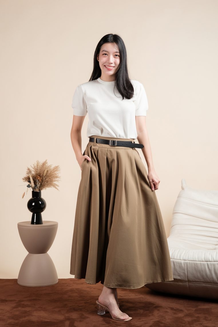 Pleated Pocket Flare Skirt with Belt - Khaki - Image 5