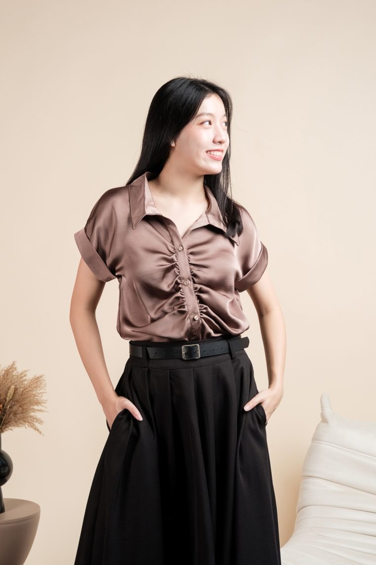 Short Sleeve Ruched Front Satin Shirt - Dark Taupe - Image 11