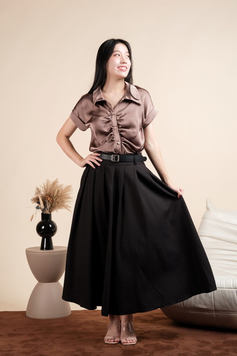 Alternative view of Short Sleeve Ruched Front Satin Shirt - Dark Taupe