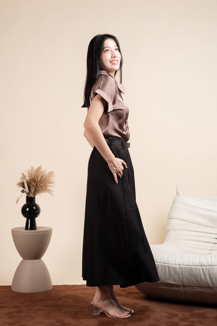 Short Sleeve Ruched Front Satin Shirt - Dark Taupe - Image 8
