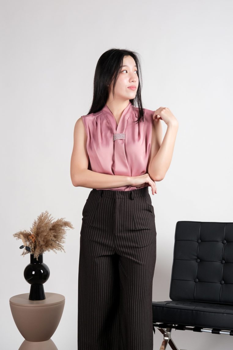 Sleeveless Diamante Tie Neck Satin Blouse - Pink - Image 10