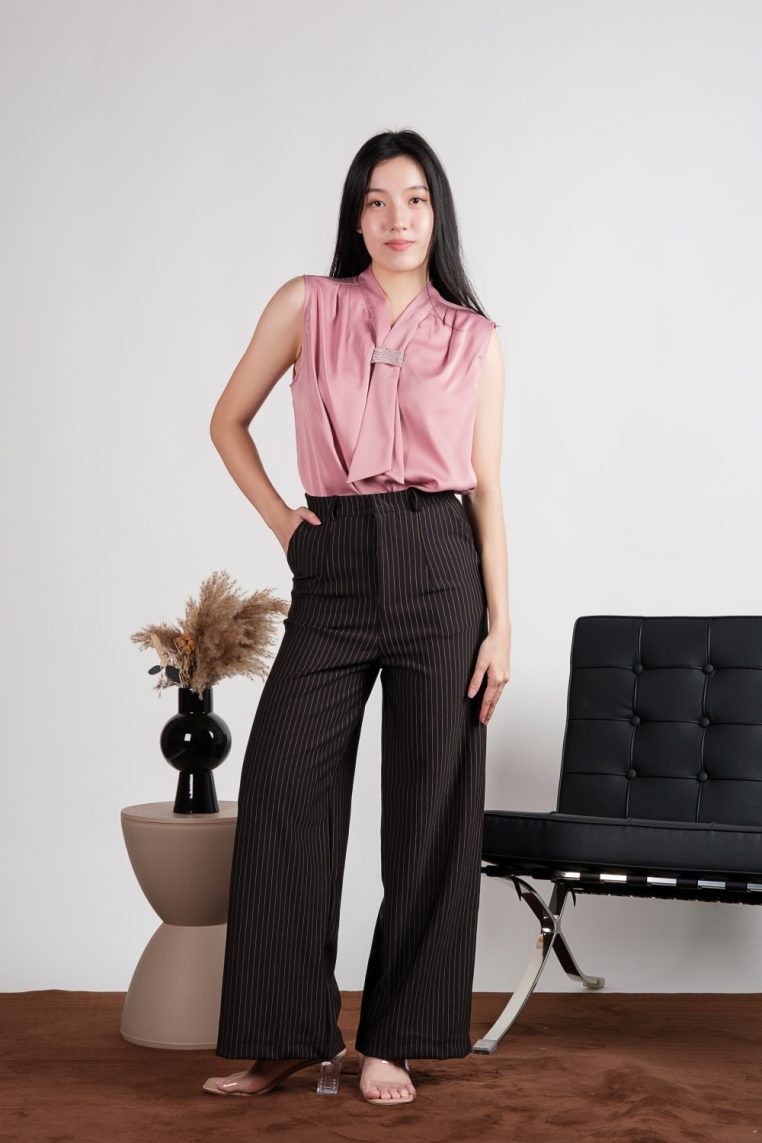 Sleeveless Diamante Tie Neck Satin Blouse - Pink - Image 4