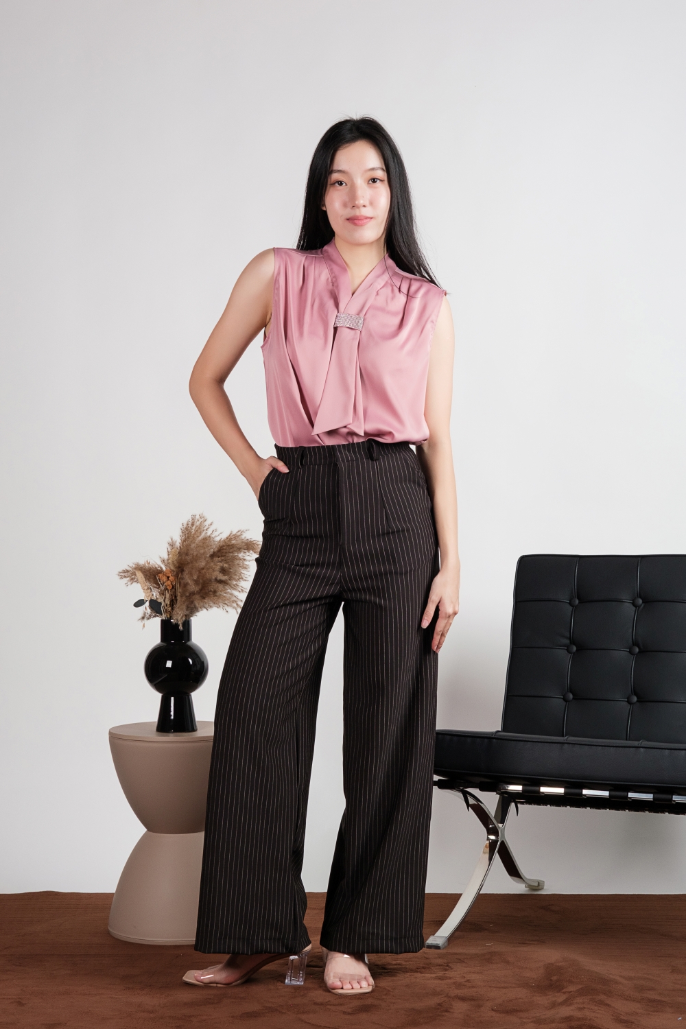 Sleeveless Diamante Tie Neck Satin Blouse - Pink - Image 4