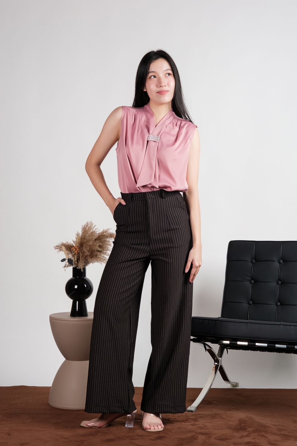Sleeveless Diamante Tie Neck Satin Blouse - Pink - Image 2